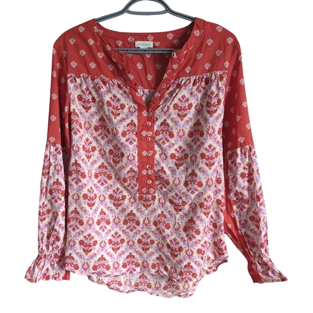 Sundance Floral Button Placket Boho LS Peasant Blouse Size Small
